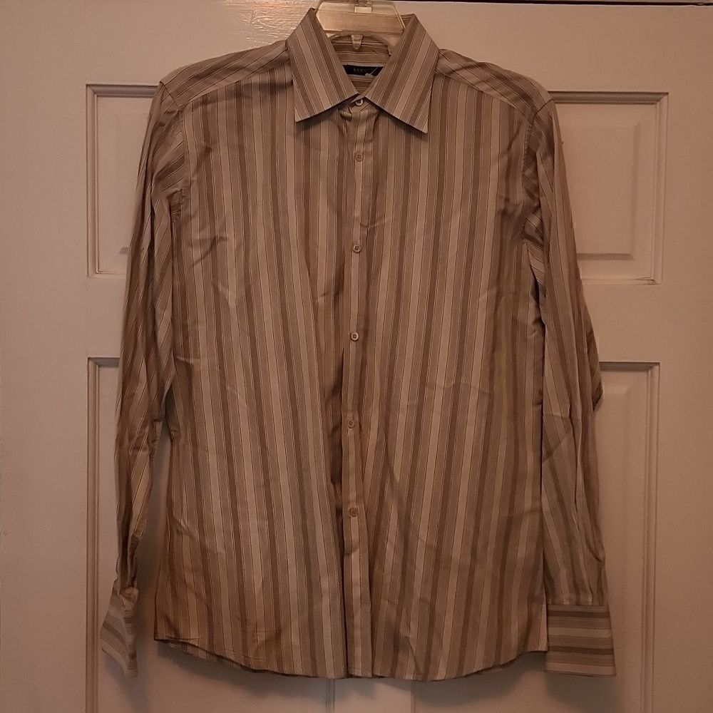 GUCCI Medium Tan and white long sleeve Stripe Dress Shirt